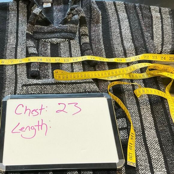 Earthbound Baja Hoodie Black Gray Stripe Woven Pullover Size L Boho Surf Hippie - Picture 6 of 8